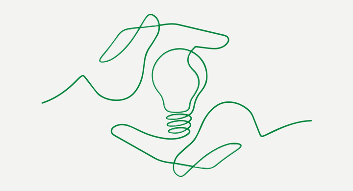 Abstract line drawing of two hands holding a light bulb